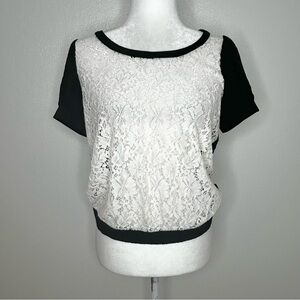 INC Womens White & Black Crochet Lace Short Sleeve Top Size M
